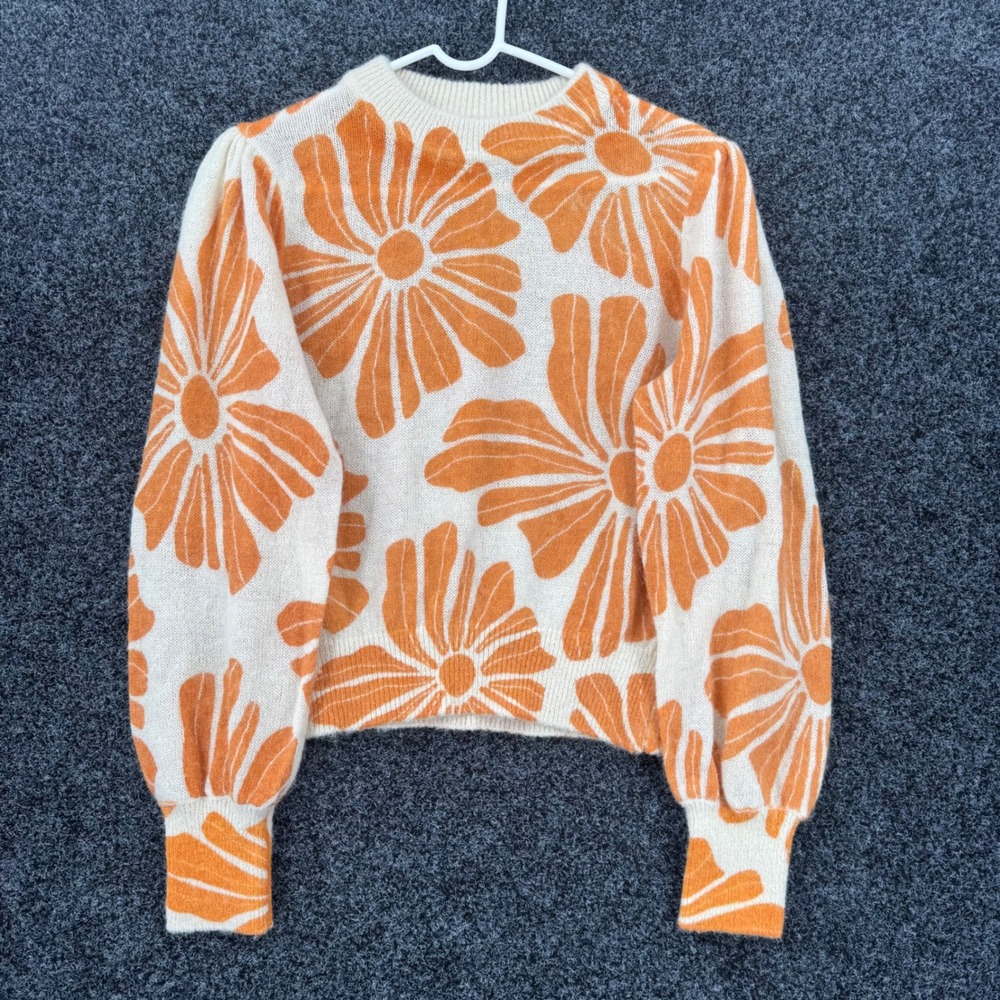 Marine Layer Orange Floral Alpaca Wool Blend Puff Sleeve Sweater Medium Retro